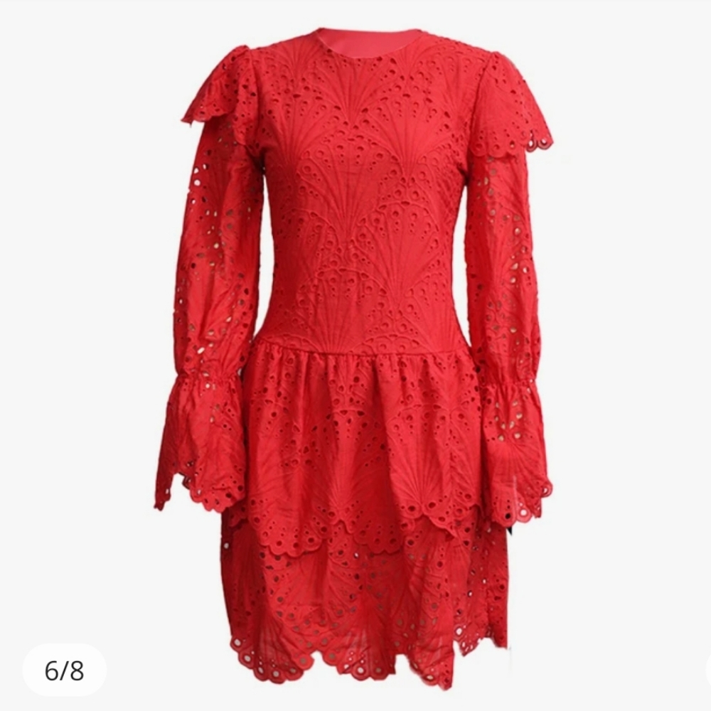 Red eyelet lace tiered dress size M